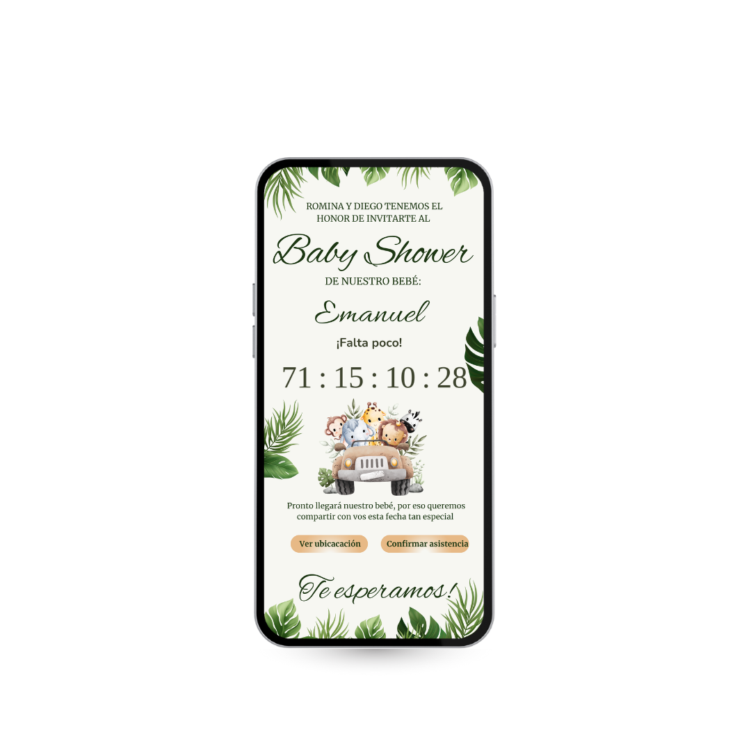Invitación digital Baby Shower – Animalitos de la Selva – Creactivas, image size:1080x1080