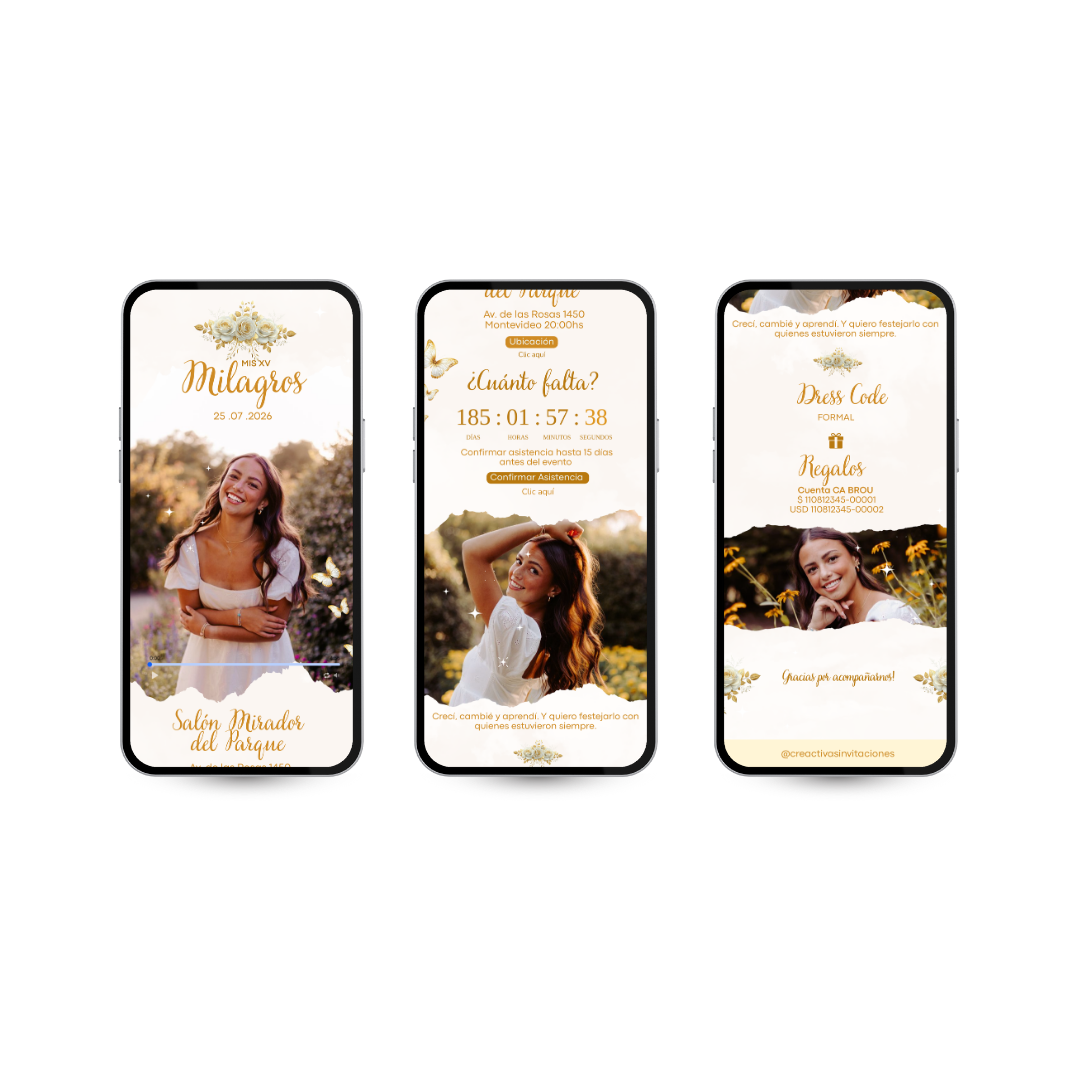 Invitación Digital Interactiva Cristal Dorada – XV Años